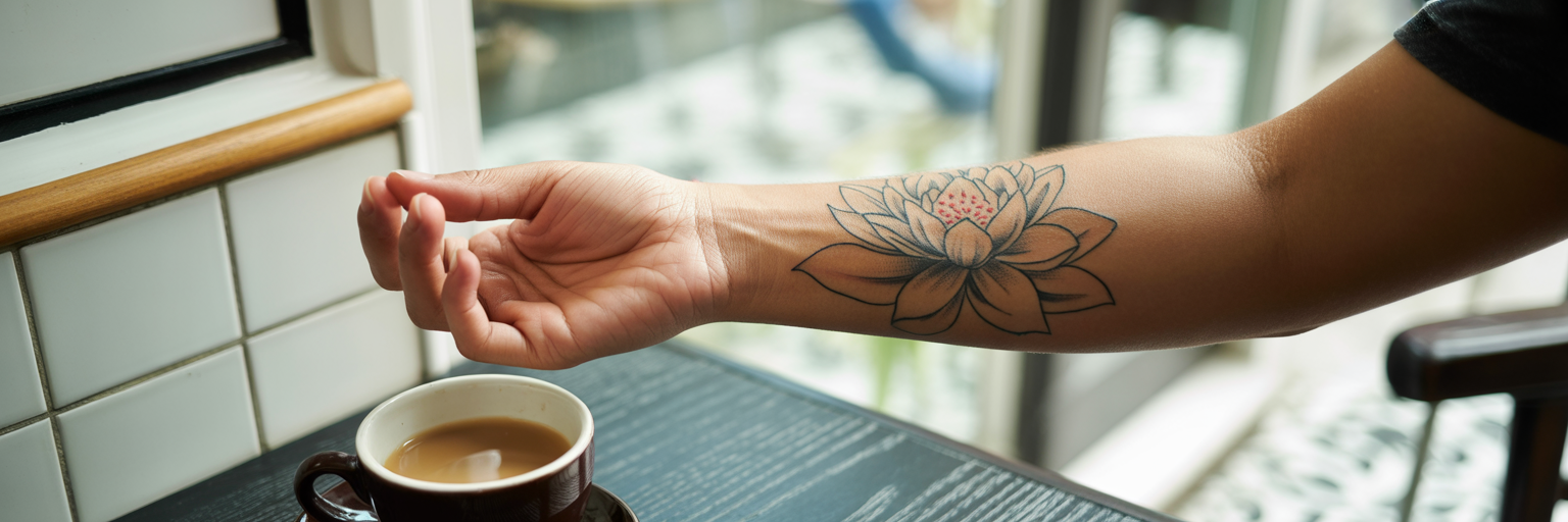 Fine-line lotus flower tattoo on forearm