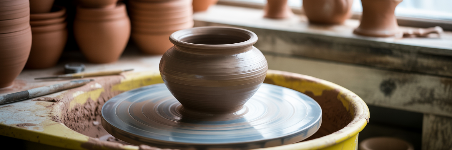 Finished clay pot on potter's wheel.