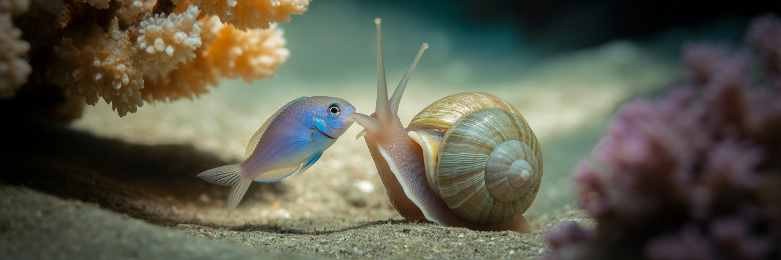 Fish attempting to swallow snail.