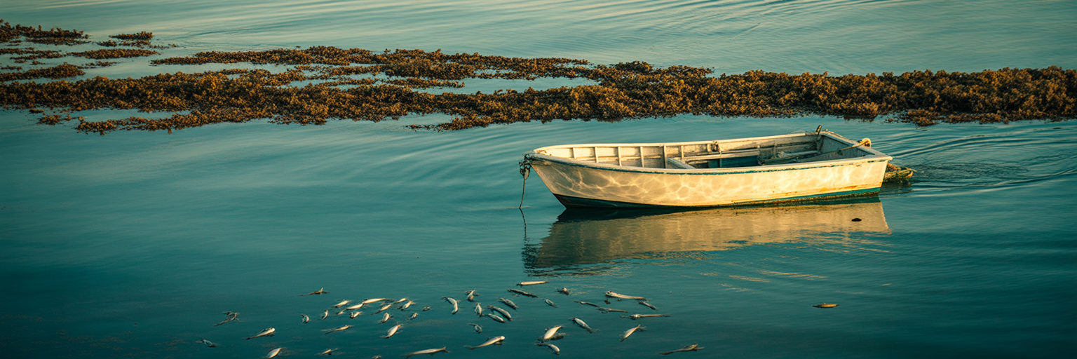 Fishing boat approaching a sargassum weed line