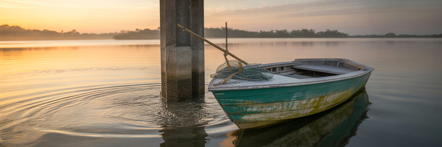 Fishing boat in strong current near bridge piling.