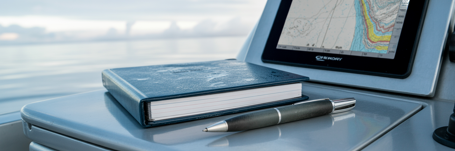 Fishing logbook on a boat console.