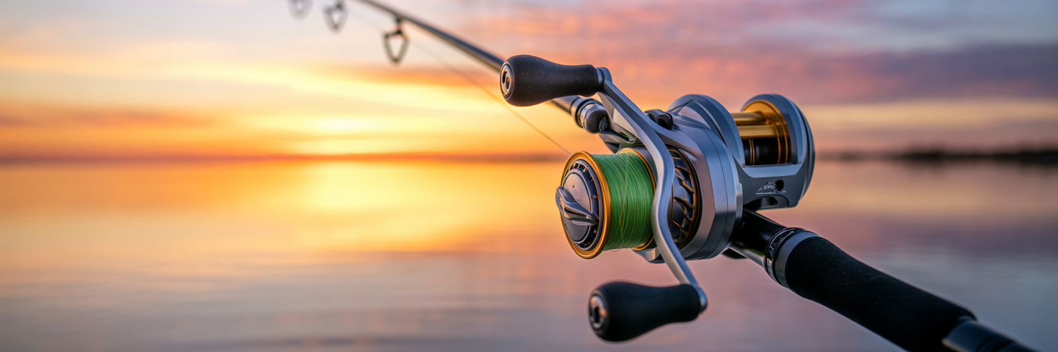 Fishing reel at sunset on Florida coast.