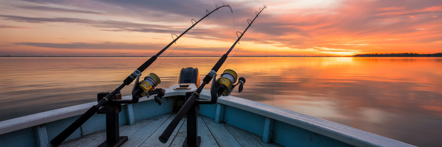 Fishing rods at sunset on boat