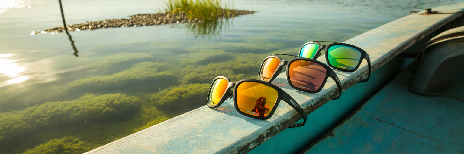 Fishing sunglasses on flats skiff gunwale