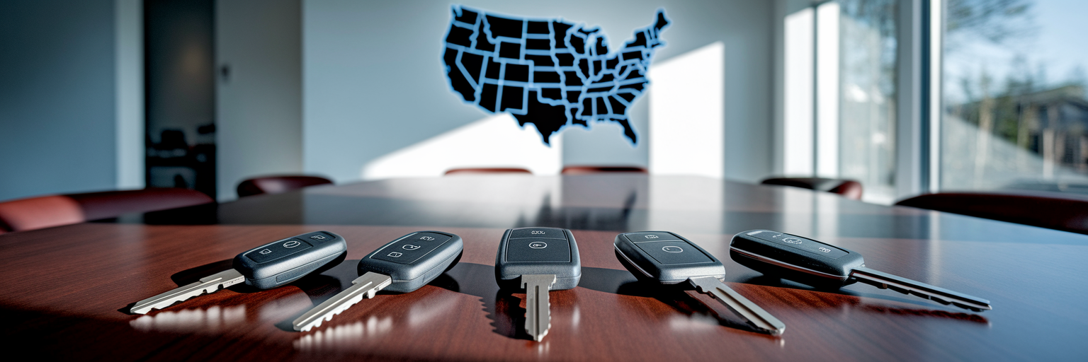 Five different car keys on table
