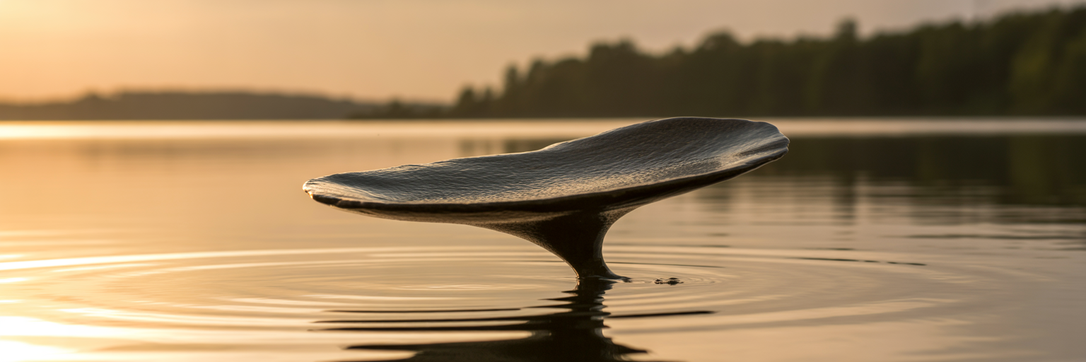 Flattened stone skipping across lake water.