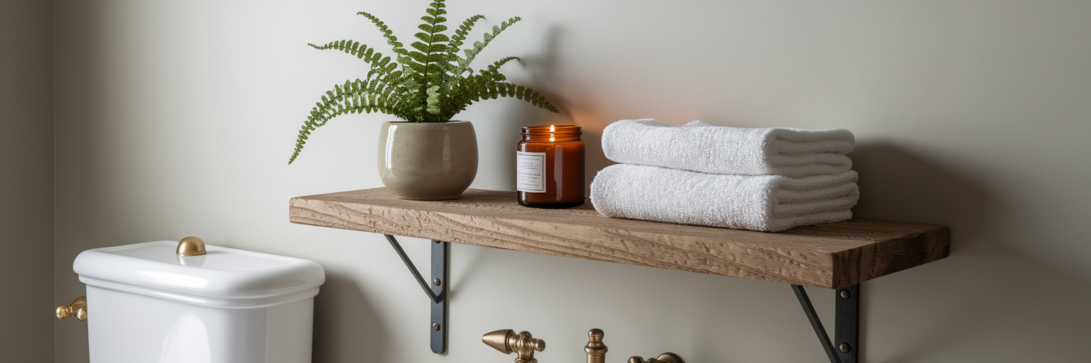 Floating oak shelf with plant and candle behind toilet.