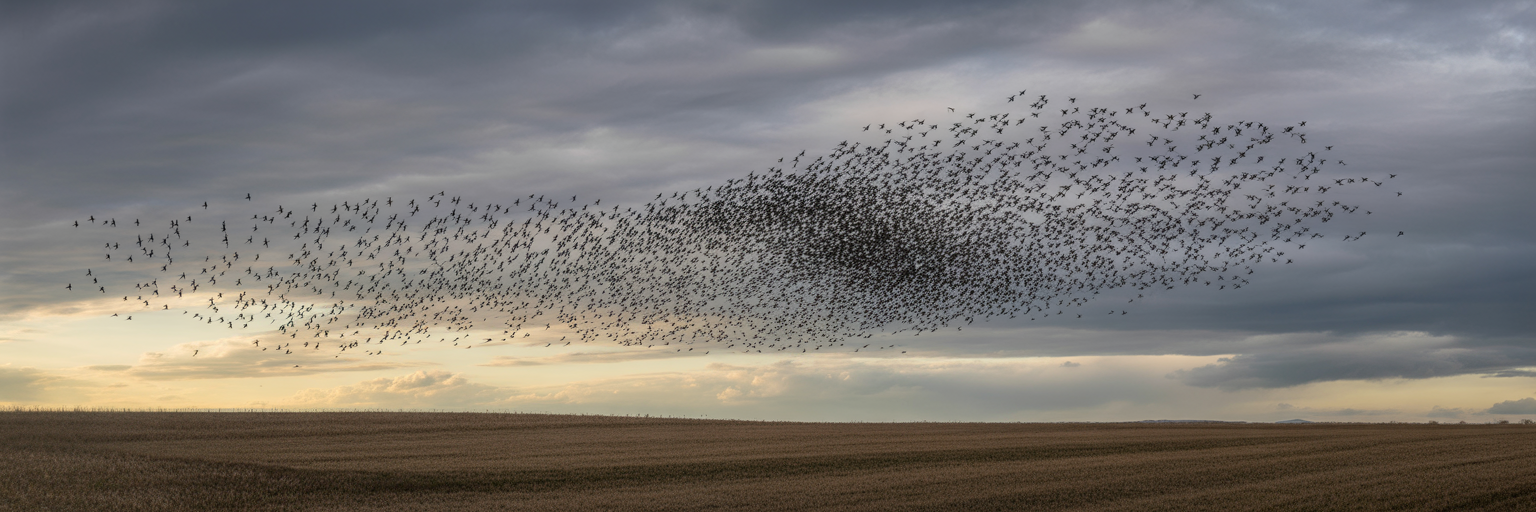 Flock of starlings flying low.
