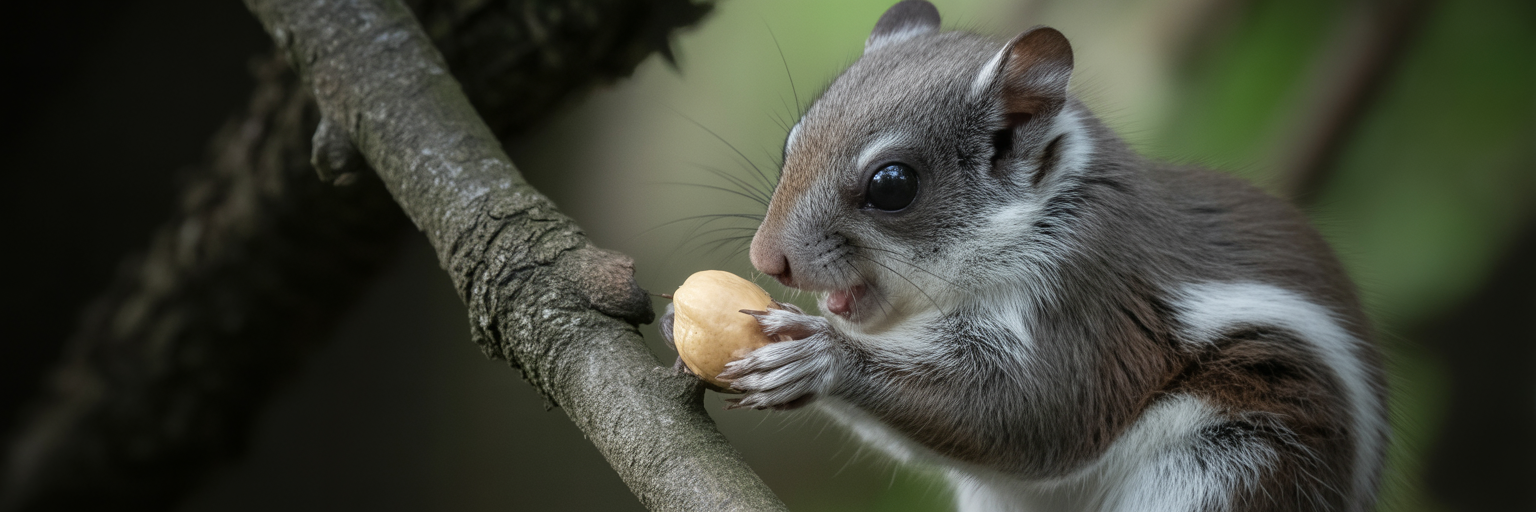 Flying squirrel attaching nut to twig.