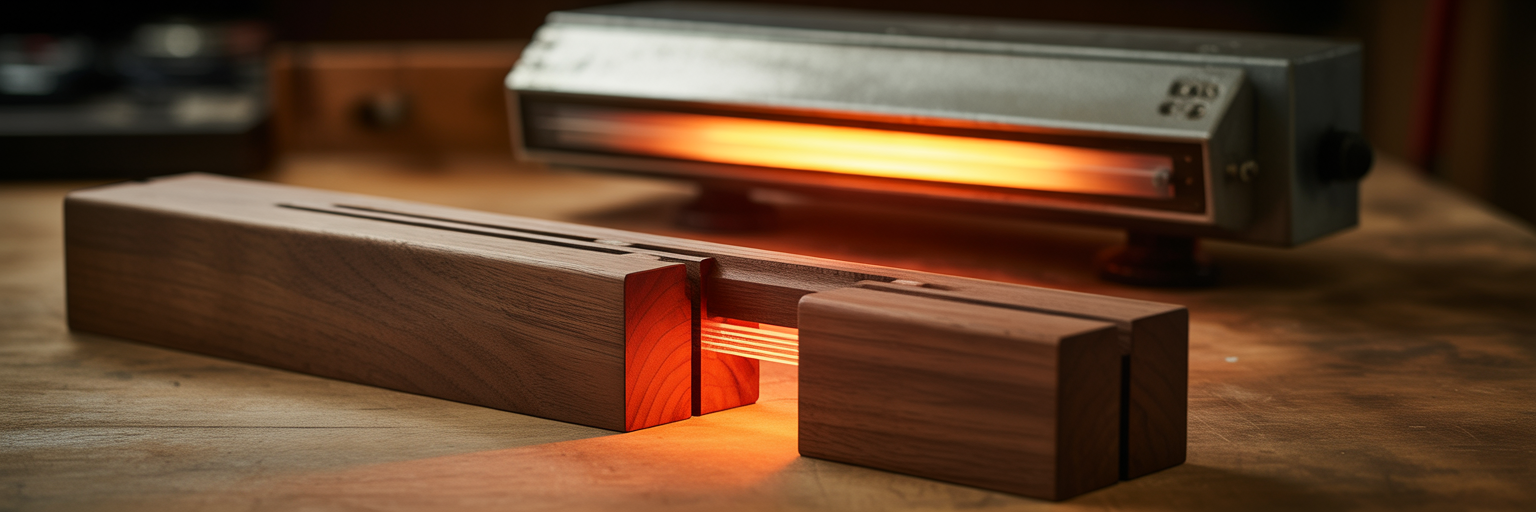 Focused light beam on wooden joint.