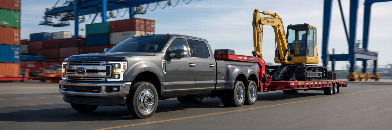 Ford F-350 dually towing heavy equipment.