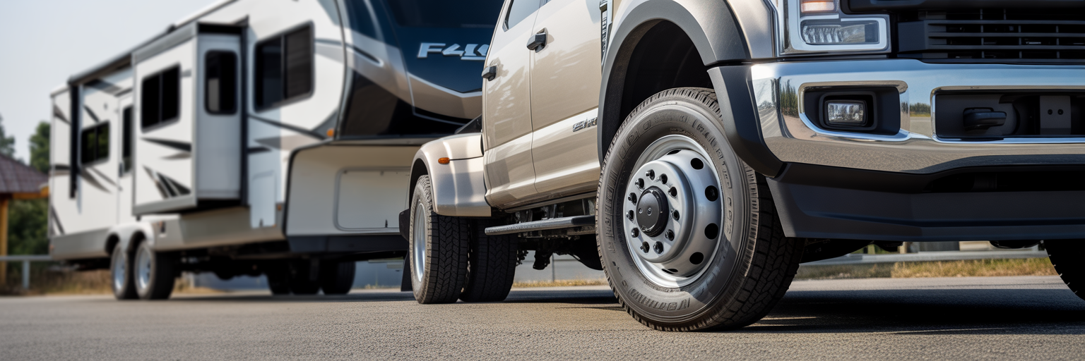 Ford F-450 front wheel turning sharply.
