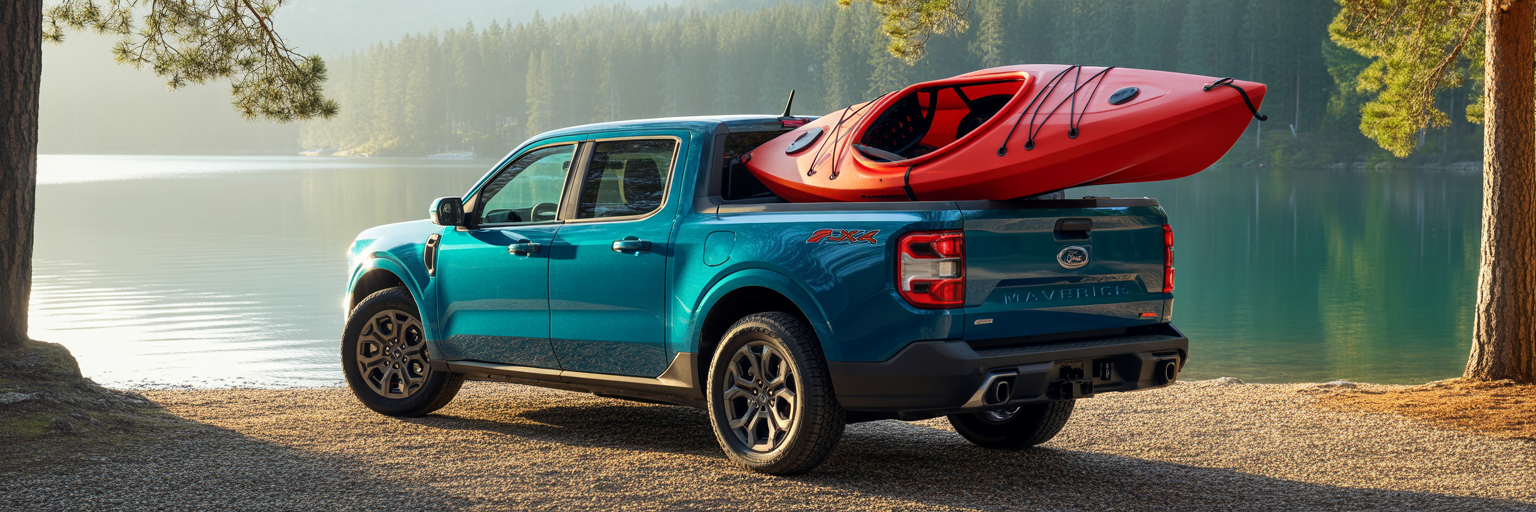 Ford Maverick hauling a kayak in its bed.