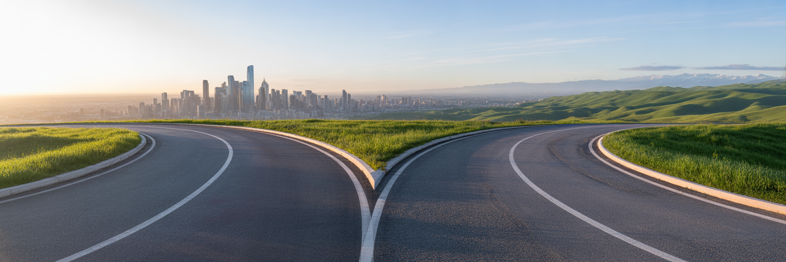 Fork in road leading to city and mountains
