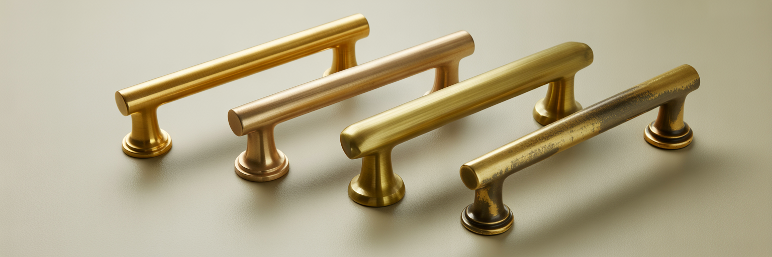 Four brass handle finishes compared side-by-side.