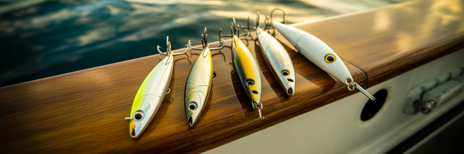 Four different offshore trolling lure heads.