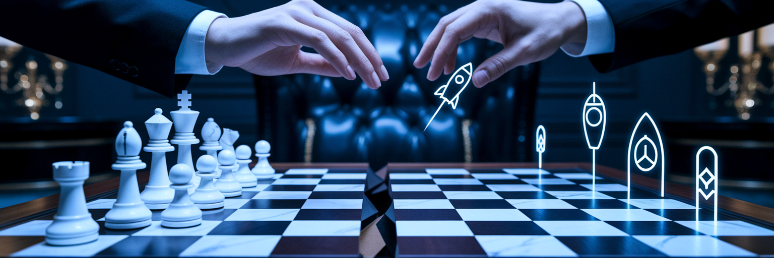 Fractured chessboard with political and tech pieces.