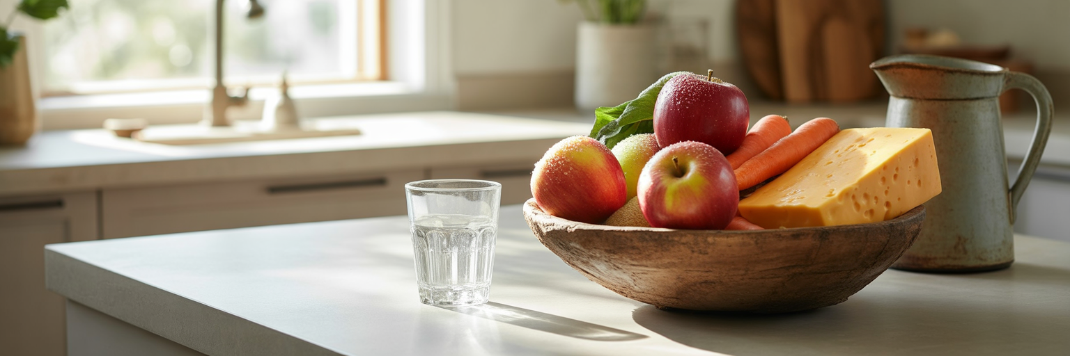 Fresh produce and water on kitchen counter