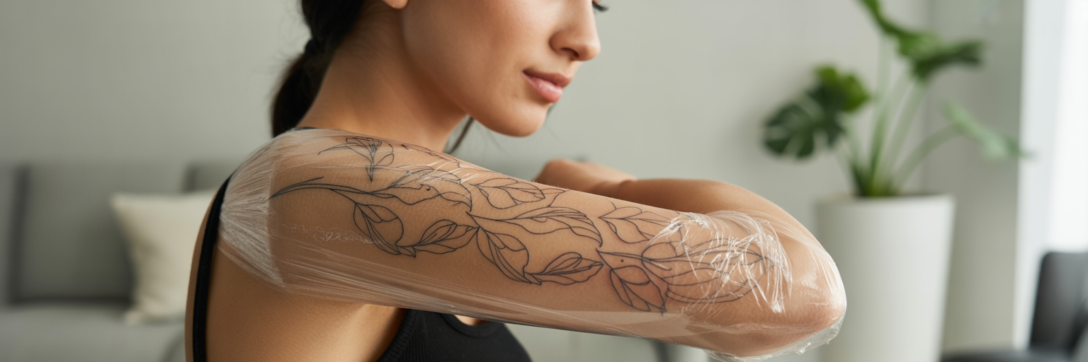 Freshly wrapped tattoo during aftercare.