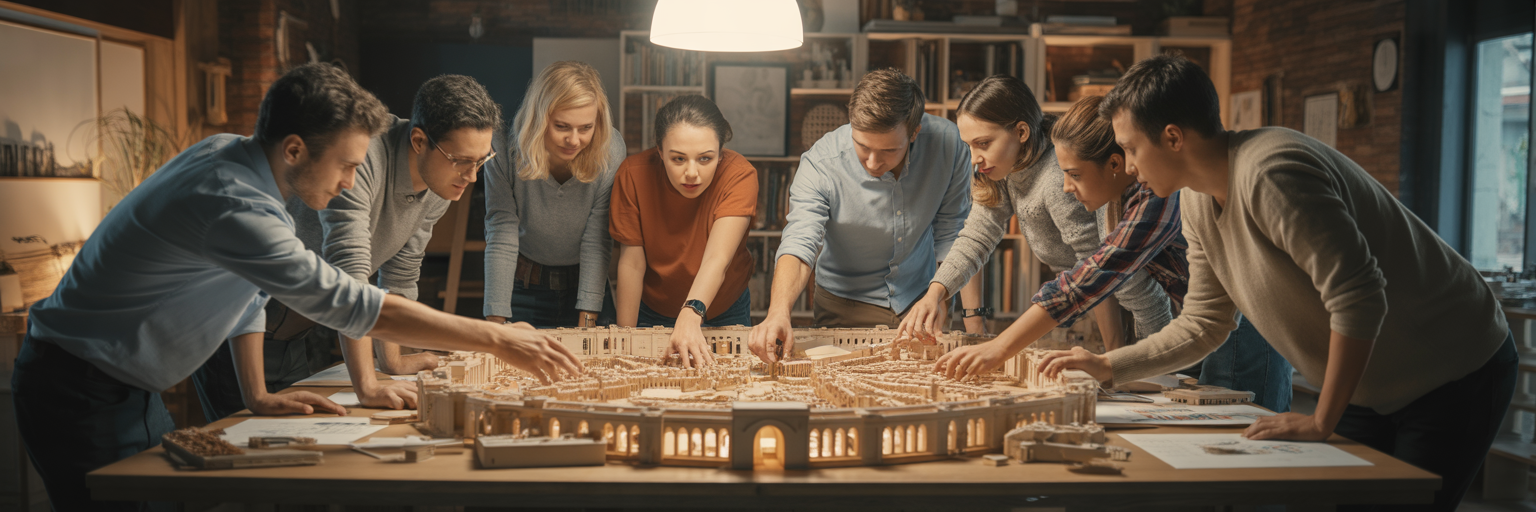 Friends collaborating on a detailed city model.