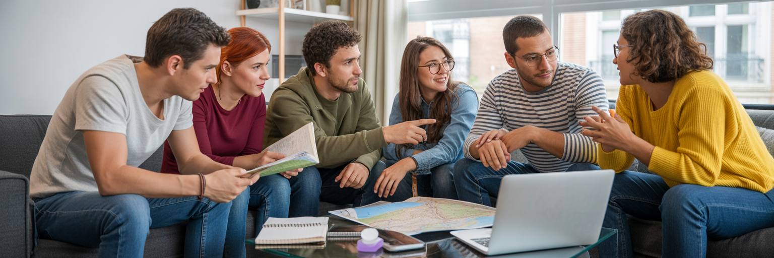 Friends collaborating on travel plans at home.