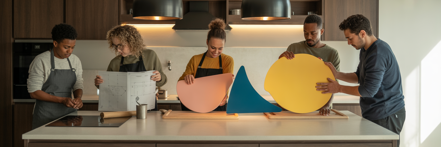 Friends collaboratively building with abstract shapes in a kitchen.