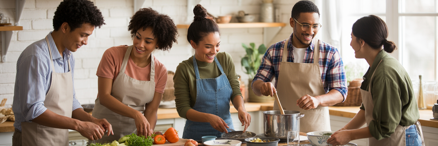 Friends cooking together in rustic kitchen