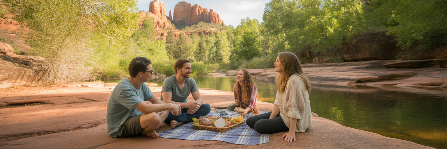Friends enjoying a picnic by Oak Creek Sedona.