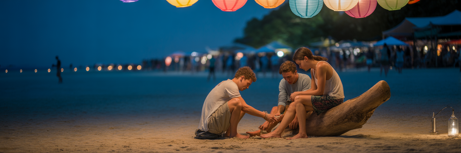 Friends helping each other at a beach party.