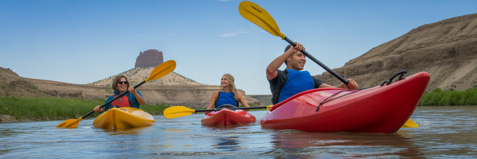 Friends kayaking on the Green River Wyoming