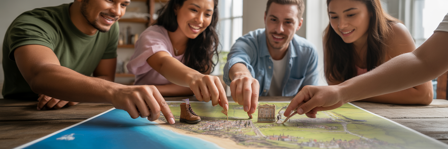 Friends planning a balanced trip on a map.