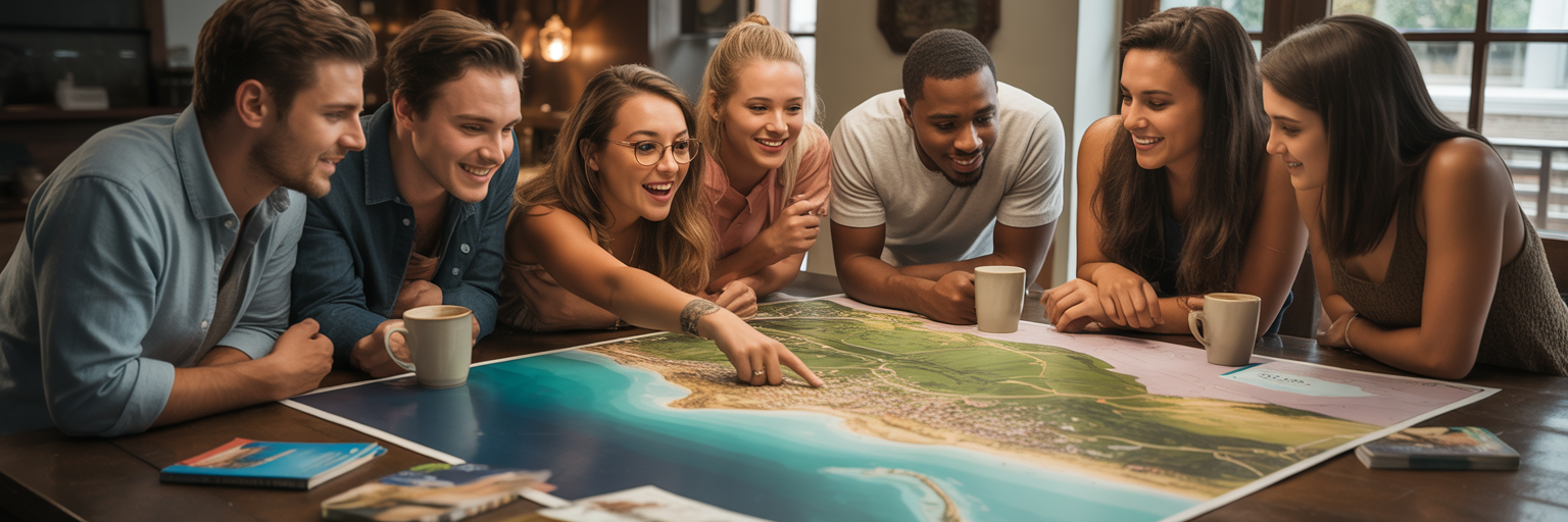 Friends planning a group trip with a map.