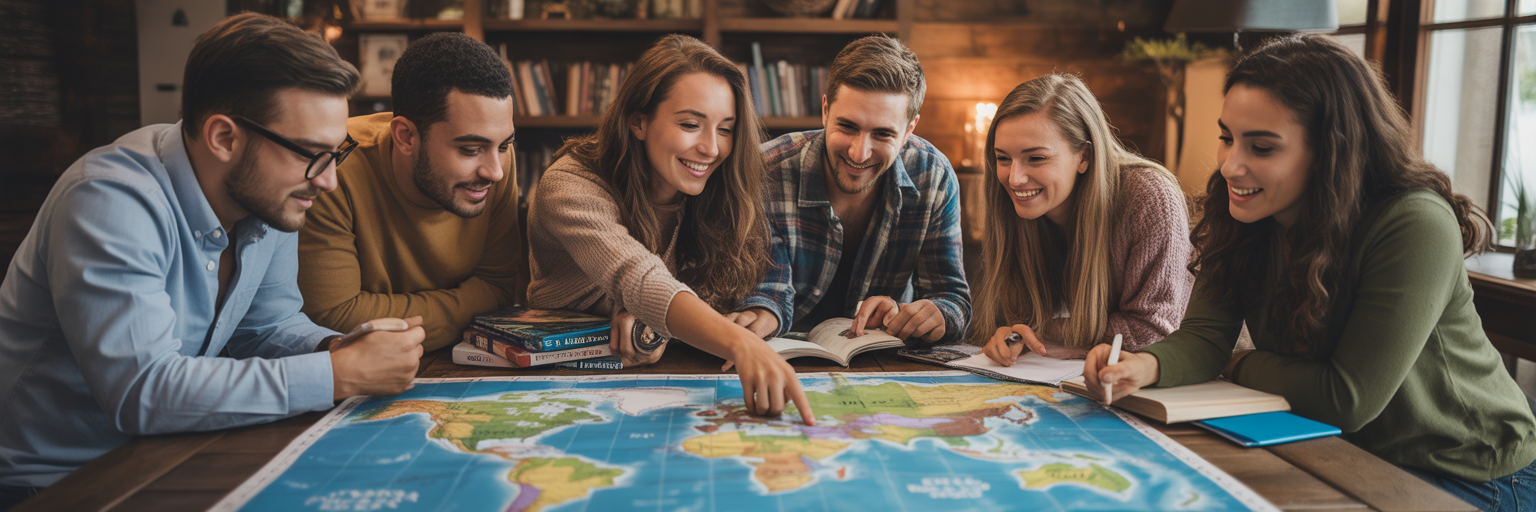 Friends planning a trip with a world map.