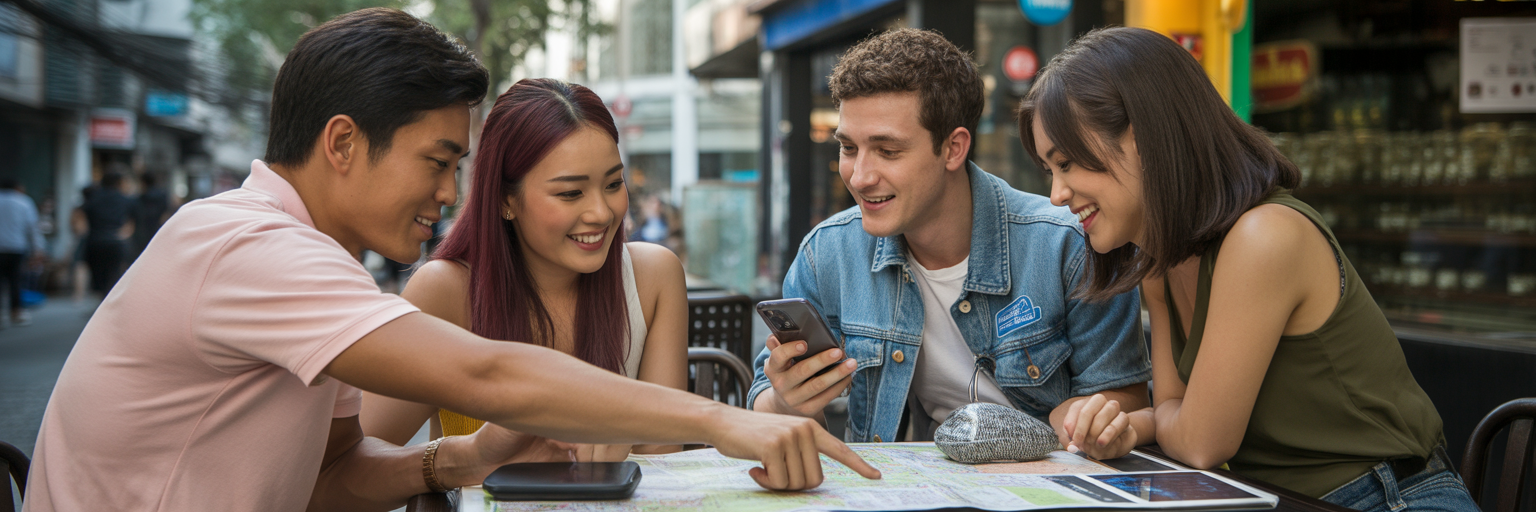 Friends planning travel itinerary in a cafe