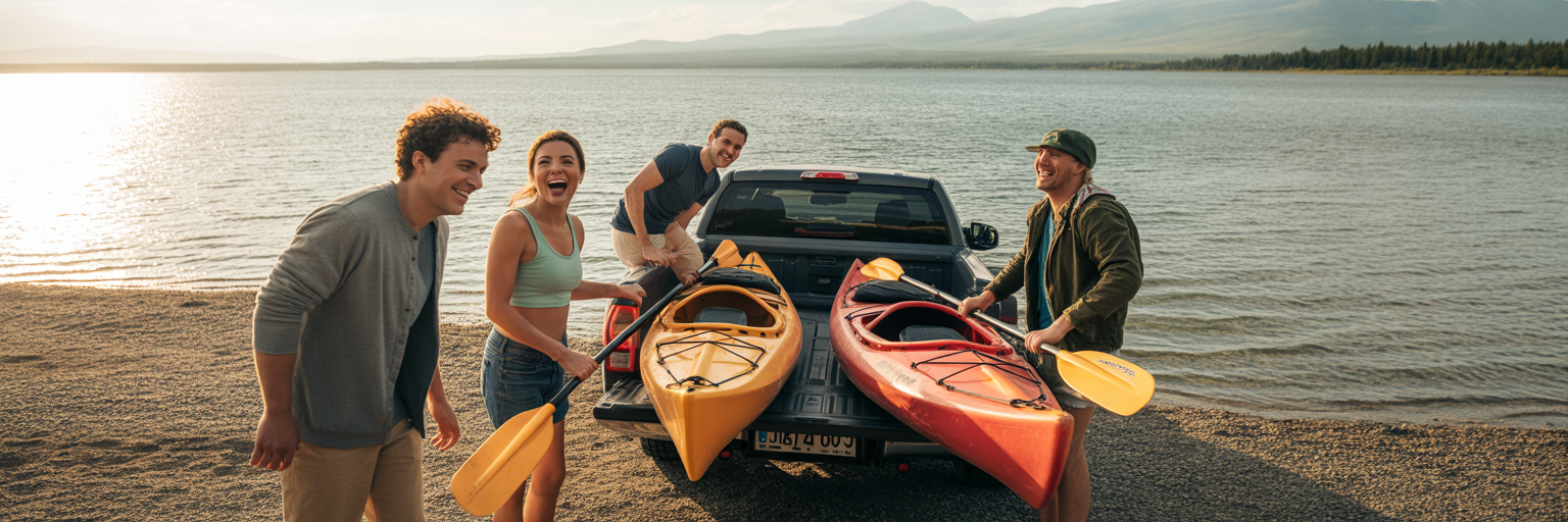 Friends unloading kayaks by Lake Pend Oreille.