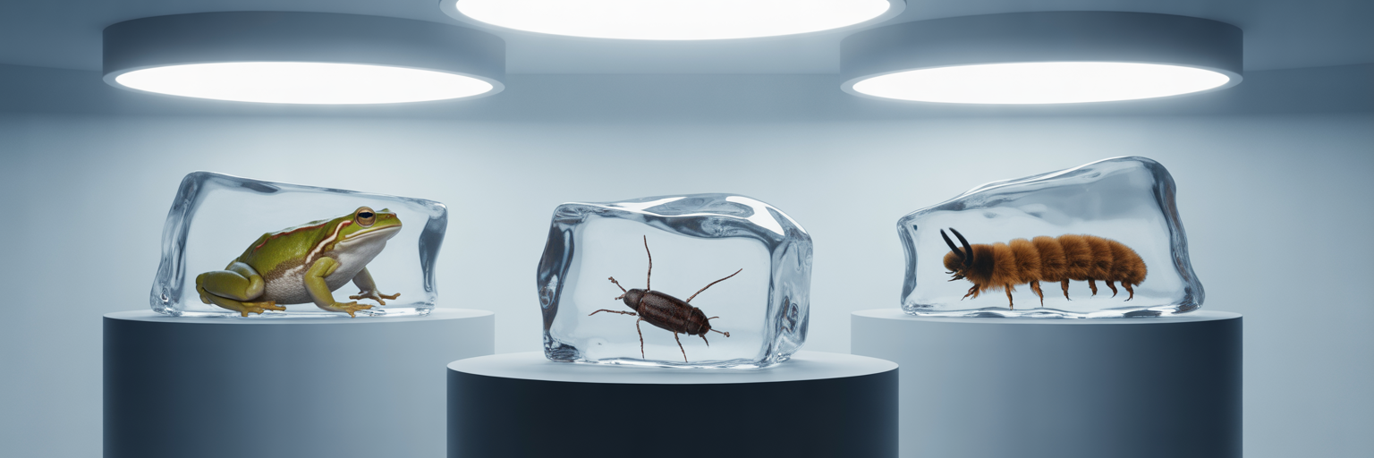 Frozen frog and insects in ice blocks.
