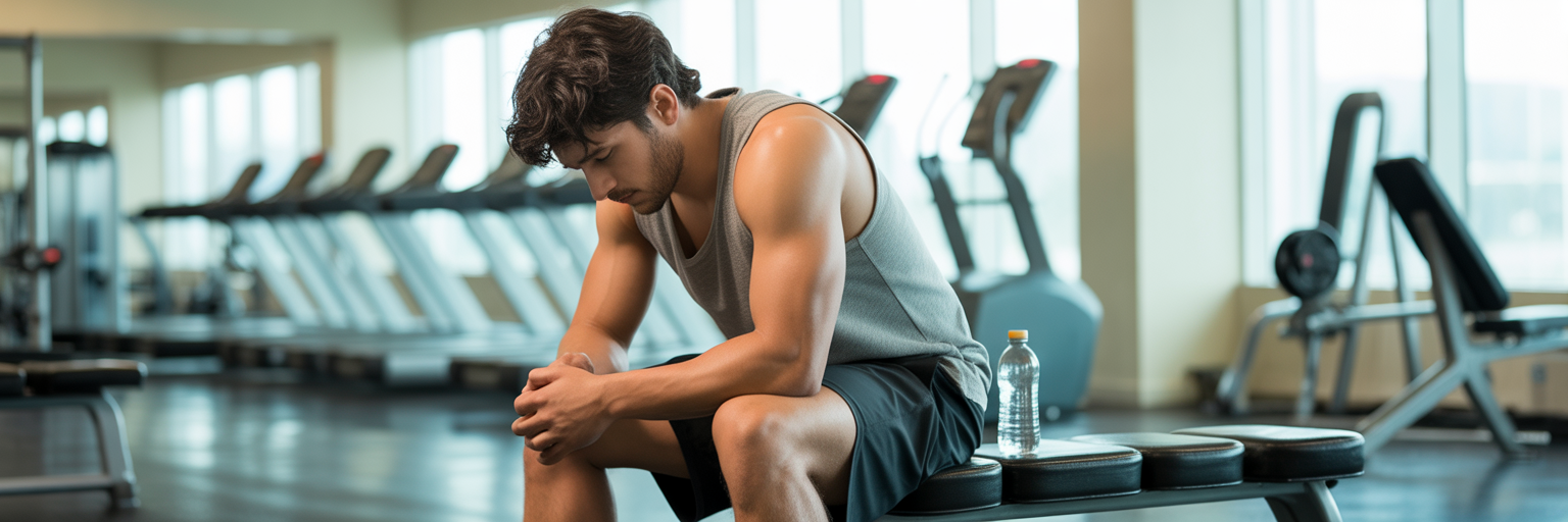 Frustrated person sitting on gym bench.