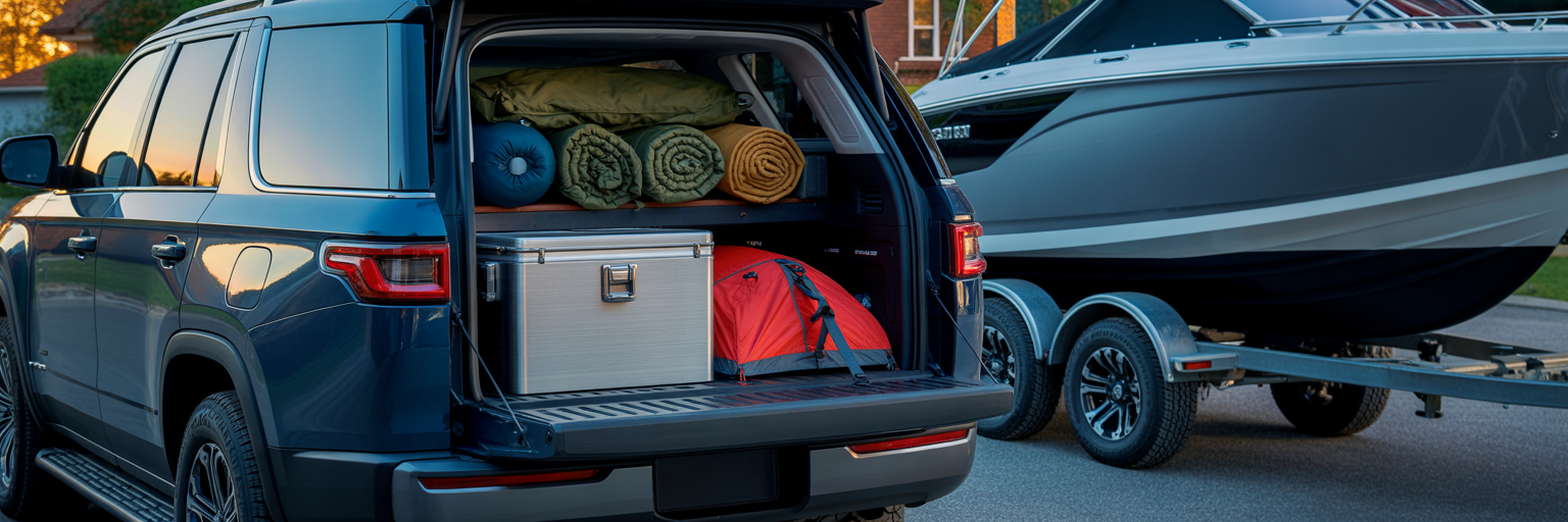 Full-size SUV packed for family camping trip.