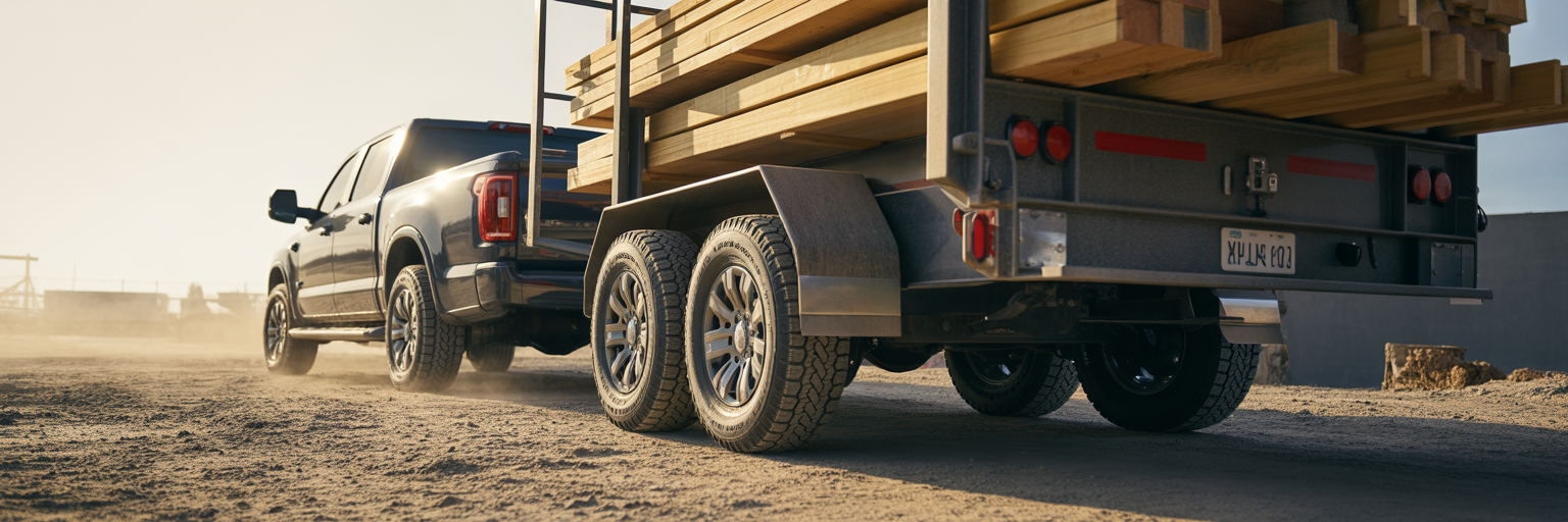 Full-size truck towing heavy construction trailer.