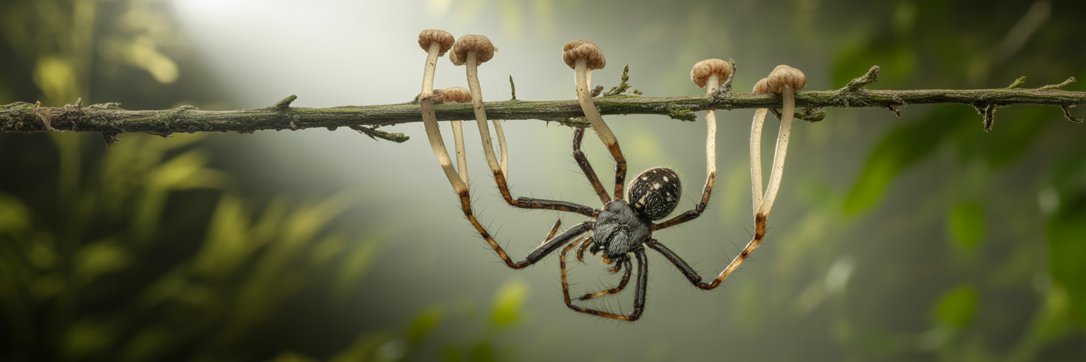 Fungal stalks growing from dead spider