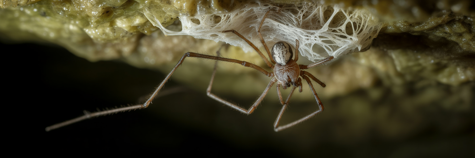 Fungus-infected cellar spider in cave