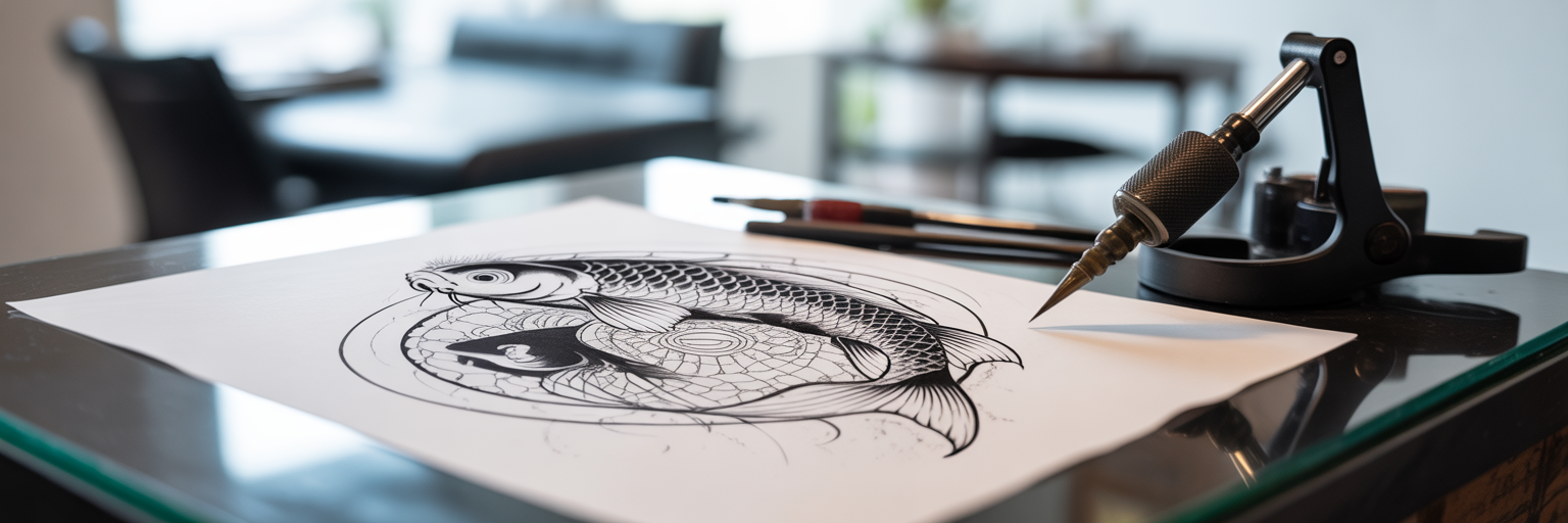 Fusion tattoo design sketch with artist's tools.