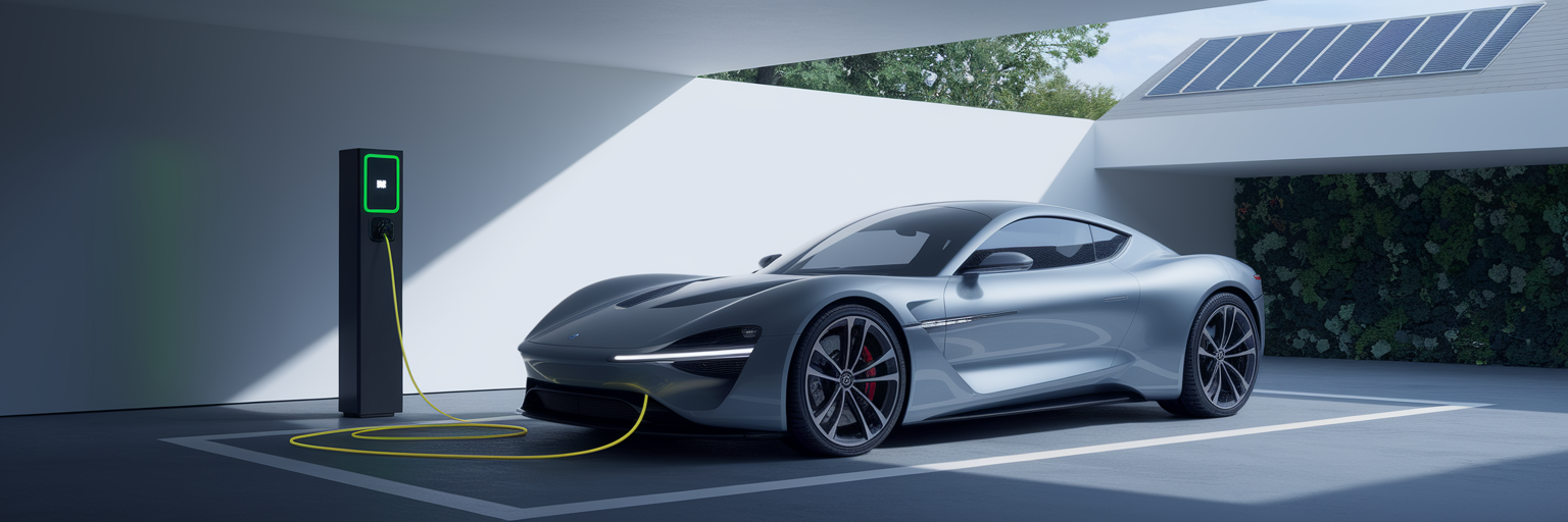 Futuristic electric sports car at charging station.