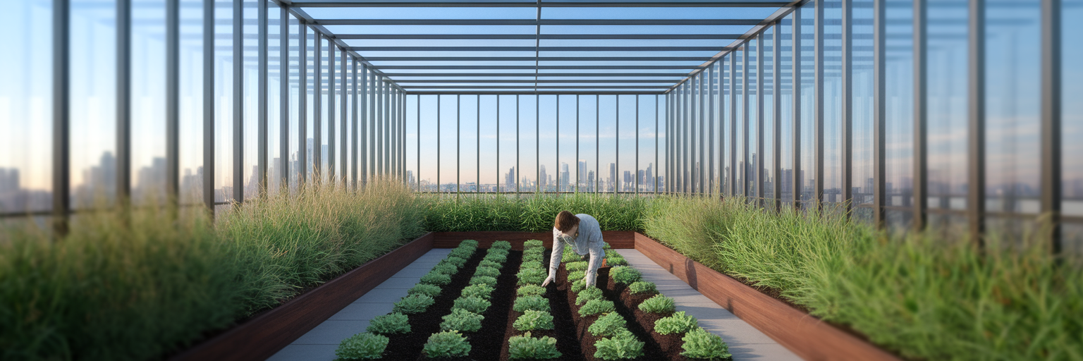 Gardener planting seeds within a glass enclosure.