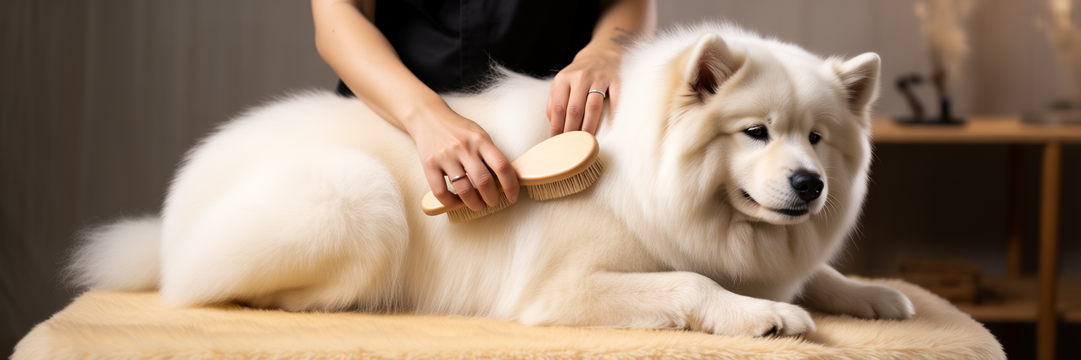 Gentle dog grooming with soft brush.