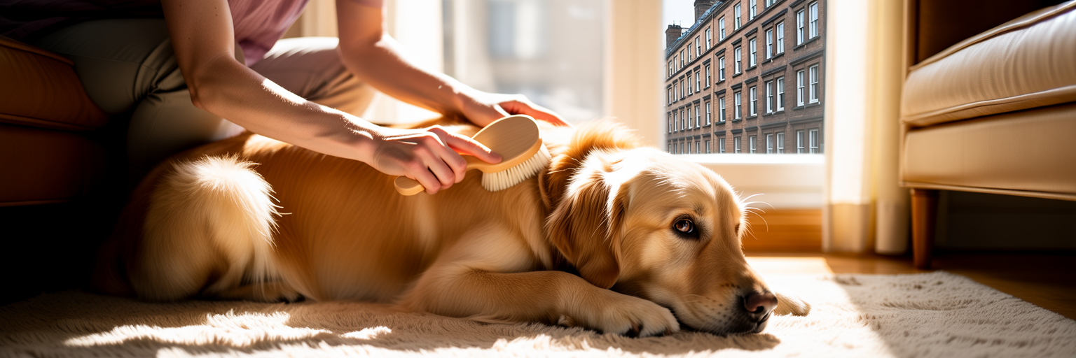 Gently brushing a dog's coat at home.