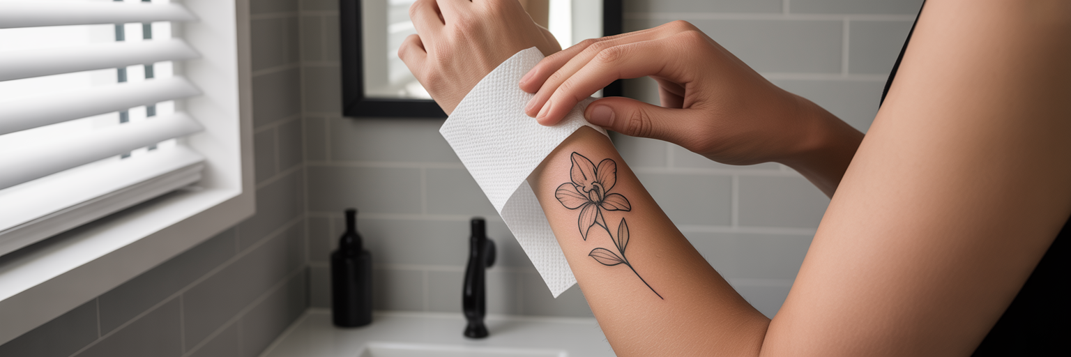 Gently drying a new arm tattoo.