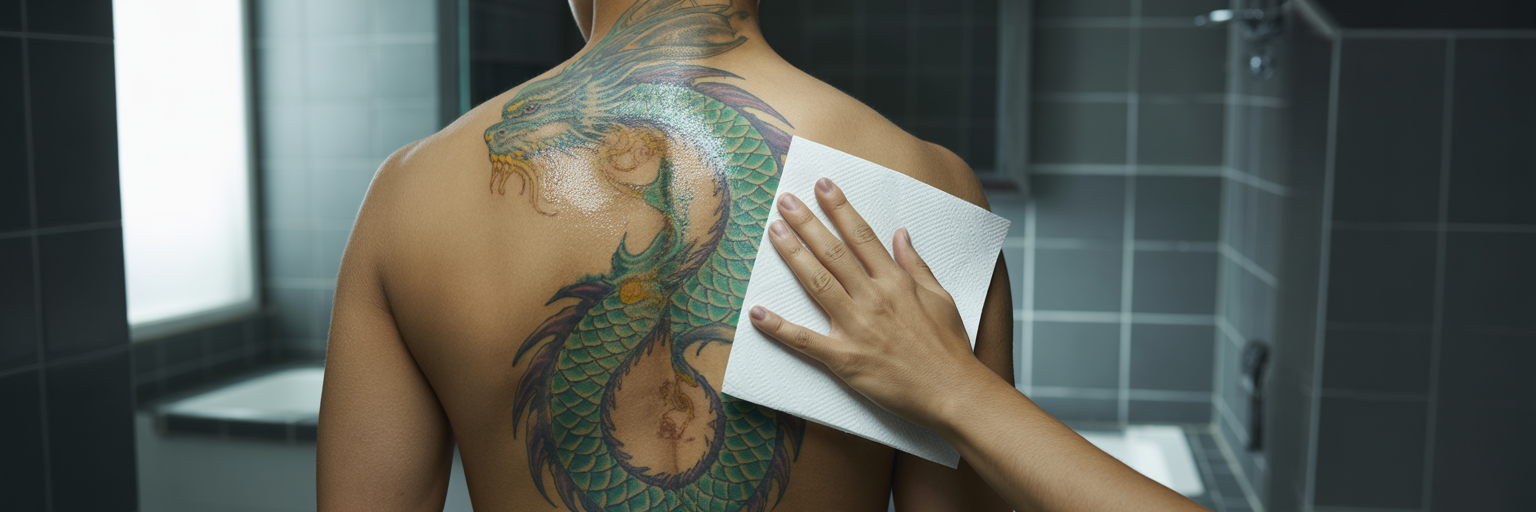 Gently drying a new large back tattoo