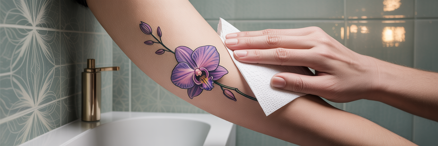 Gently patting a new tattoo dry.